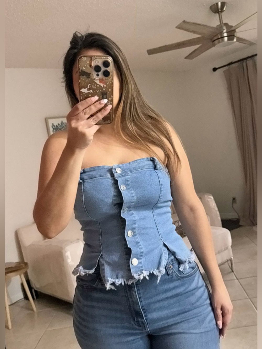 Y2K Denim Corset Tube Top - Distressed hem - Fall/Summer - Preppy - Size Med